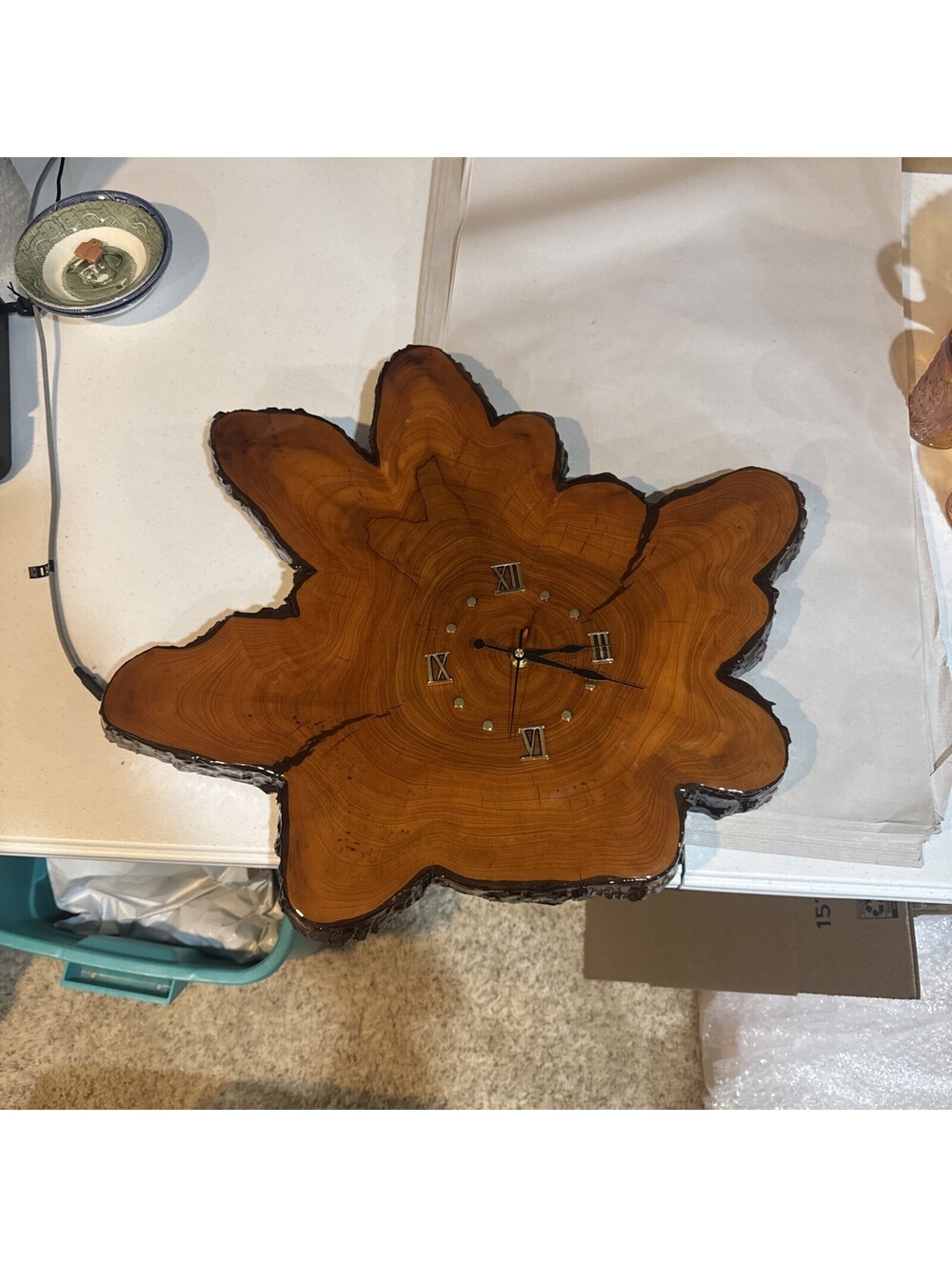 Vtg works Live Edge Wall Clock Wood Tree Slab 21”x19” Epoxy Coated Cypress 1970s